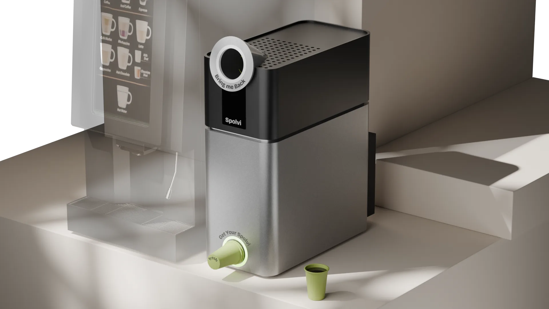 Spolvi bekerwasser naast een koffieautomaat, met een herbruikbare beker